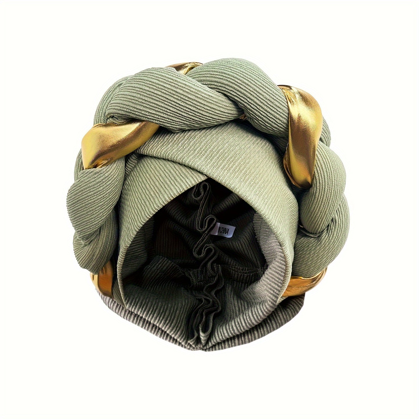 [Lightweight Design] Elegant Pre-Tied Boho Turban Cap with Golden Accents - Lightweight, Stretchy Polyester Head Wrap | Vibrant Colors & Braided Design | Hand-Washable Women's Headscarf Hat, Fashion Headwear|Golden Accent Headwear|Stretchy Headwrap