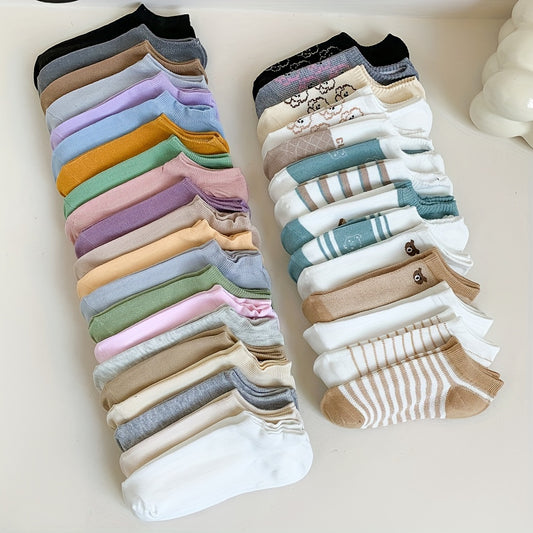 20 Pairs of Random Cartoon Pattern Cute Women's Socks, Soft, Sweat-Absorbent, Breathable