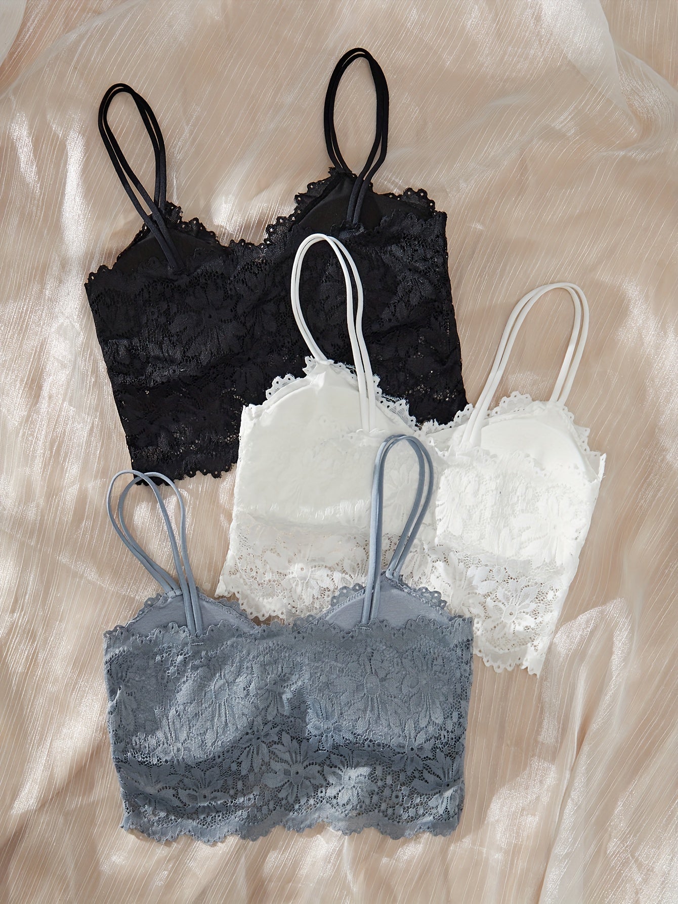 [Soft Bralettes] 3pcs Wireless Lace Bralettes | Soft & Comfortable, Removable Pads, Black/White/Gray, Floral Sunflower Design, Adult Casual Wear