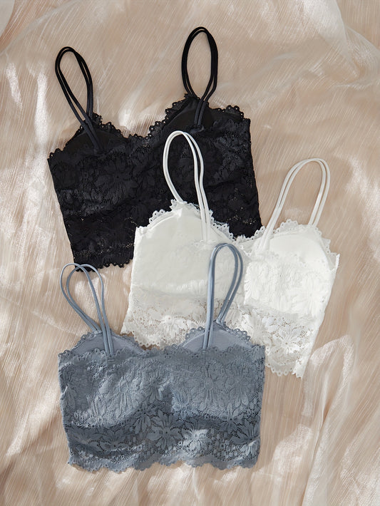 [Soft Bralettes] 3pcs Wireless Lace Bralettes | Soft & Comfortable, Removable Pads, Black/White/Gray, Floral Sunflower Design, Adult Casual Wear
