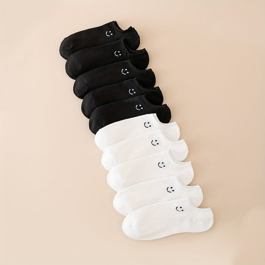10 Pairs Women'S Black & White joyful Face Ankle Socks - Cute Cartoon Design, Breathable & Comfortable, Machine Washable, Perfect for Casual Attire, Cute Socks, Women'S Socks, Women Black Sock, Black Sock With Smillie Face, White Thick Women'S Sock