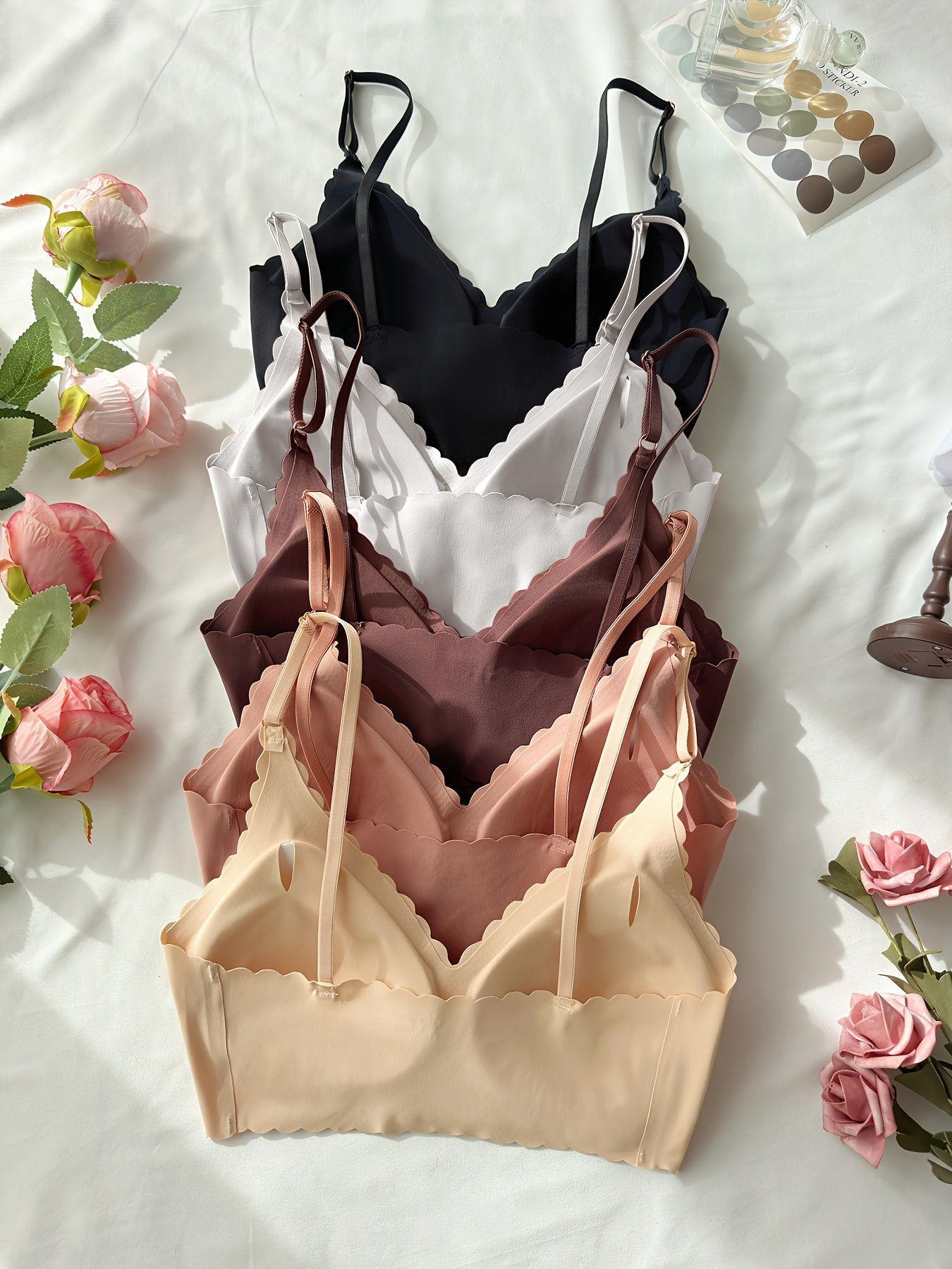 [Seamless Bras] 5pcs Seamless Adhesive Bras | No Underwire, Removable Pads, Medium Support, 75% Nylon/25% Elastane Blend, 4 Colors (Black/Brown/Beige/White), Hand Wash Only, Casual Attire