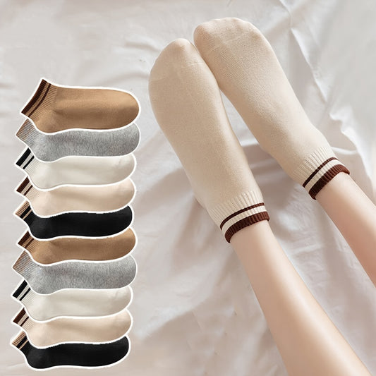 10 Pairs Striped Short Socks, Comfy & Breathable Unisex Sports Socks, Women's Stockings & Hosiery