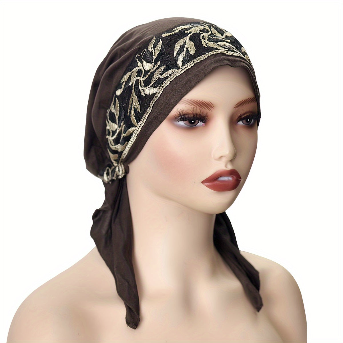 Women's Elastic Embroidered Turban Hat - Lightweight Polyester Knit Cap, Black Pullover Design for New Year Occasion | Easy Hand Wash | Elastic Band Fit