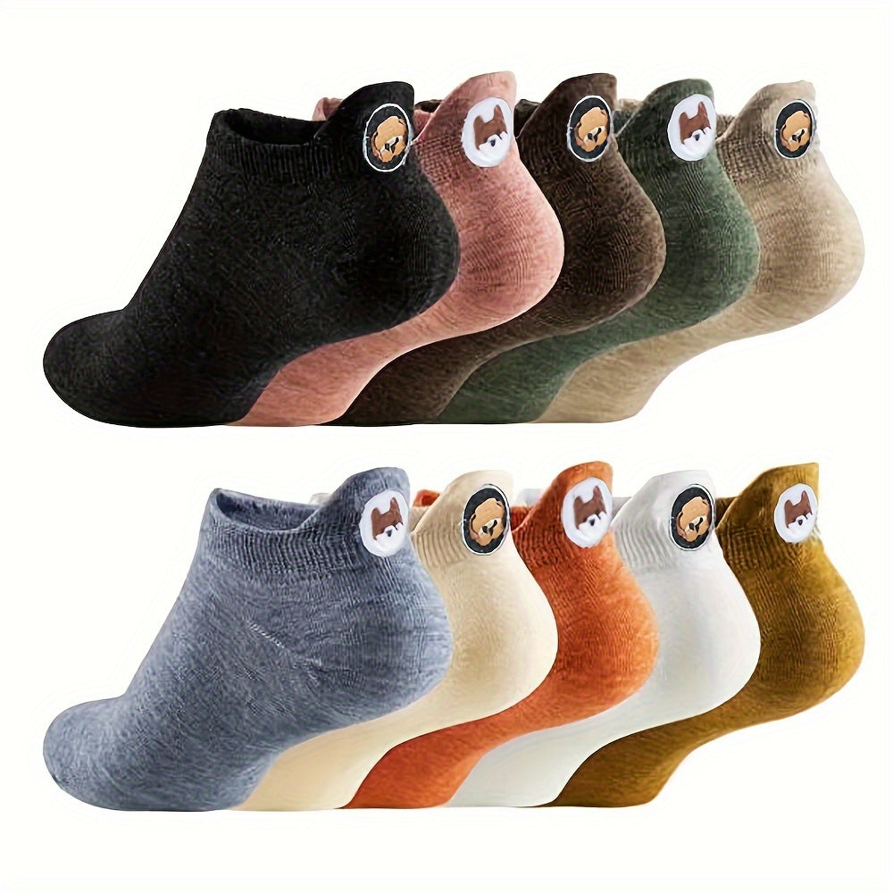 10 Pairs Women'S Candy-Colored Embroidered Smile Socks, 100% Polyester, Knit Fabric, Short Crew Length, Solid Color, Hand Wash - JingQi