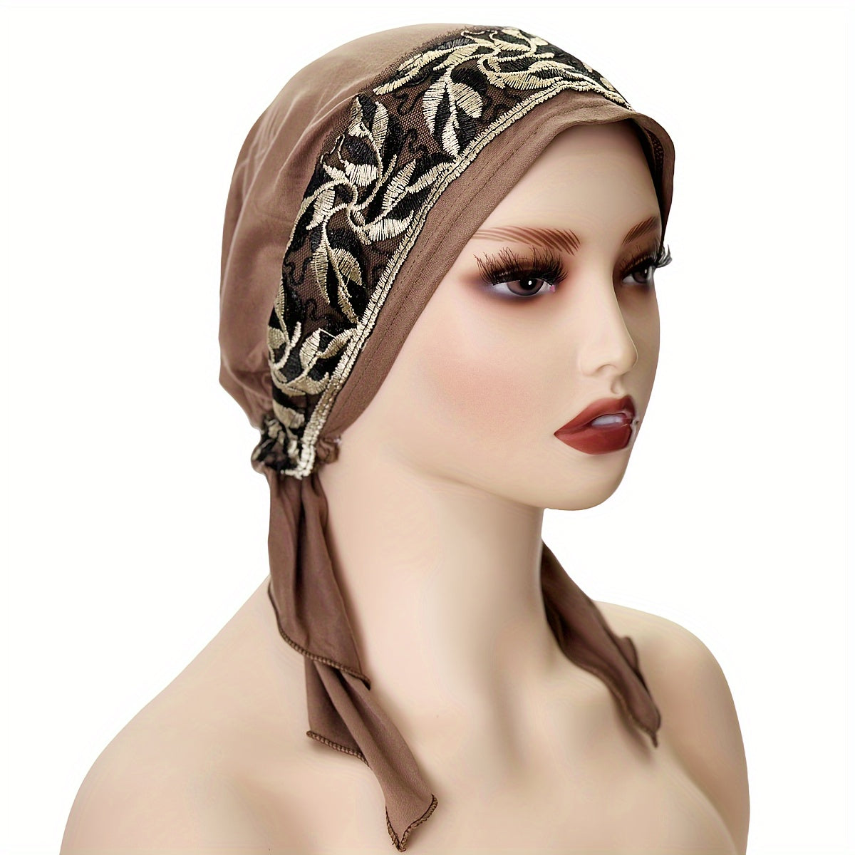 Women's Elastic Embroidered Turban Hat - Lightweight Polyester Knit Cap, Black Pullover Design for New Year Occasion | Easy Hand Wash | Elastic Band Fit