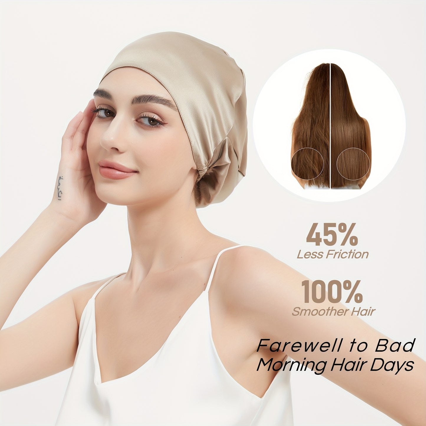 [Silk Sleep Cap] RACHELSILK 100% Mulberry Silk Double Layer Sleep Cap | Adjustable Elastic Band, Smooth & Soft Hair Protection Night Hat for Women, Beige, Easy Slip-On Design, Reduces Frizz & Split Ends