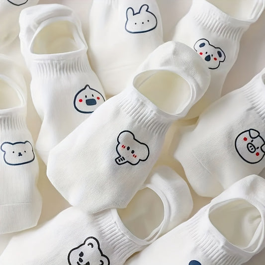 10 Pairs Women's White No-Show Socks, Cute Animal Design, Breathable Ankle Socks For Casual Wear