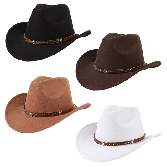 1pc Classic Wide Brim Cowboy Hat for Women, Unisex Western Hat with Star Belt Accessory, Polyester Fiber, Elastic, Lightweight, Felted Craftsmanship, No Feather, Party Cosplay Gift - Black Reinforced Hard Hat Support, Carnival/Mardi Gras/Masquerade