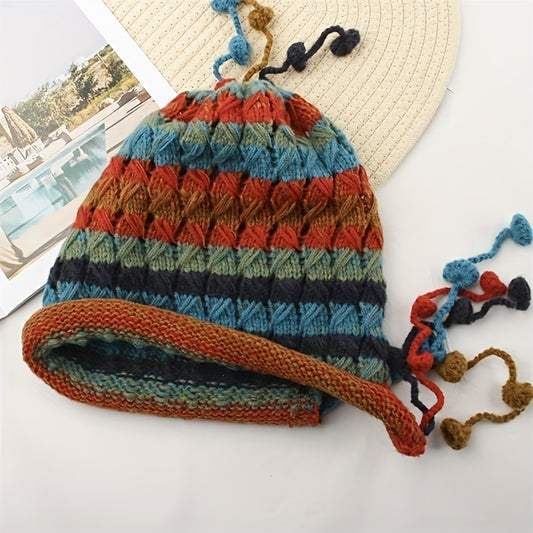 [Hand-Crocheted Women's Hat] Hand-Crocheted Women's Colorful Hat with Ear Protection & Tassel Details | Thick Warm Dopamine Design for Autumn Winter, Christmas Valentine's Easter New Year Gifts, Festive Accessory, Bohemian Style, Soft Texture, Holiday Gif