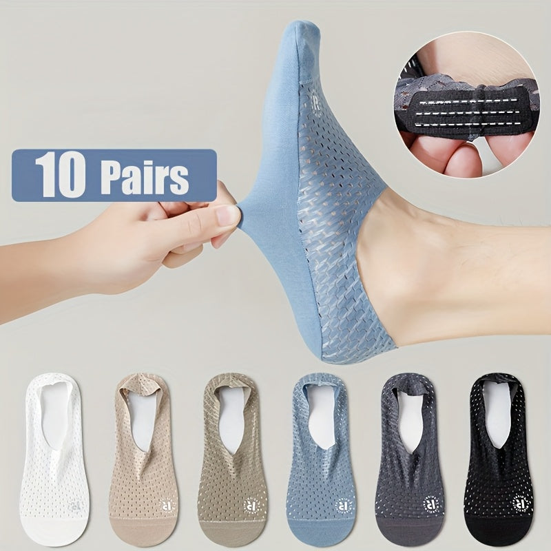 10 Pairs NCDATE Men's Breathable Anti-Slip Socks with Me-Hole Design, Arch Support & Ventilation Holes - High-Quality Invisible Socks for Business Casual, Sports, Casual Attire (Black, White, Khaki, Light Blue, Mint Green), Sports Footwear | Simple Sock P