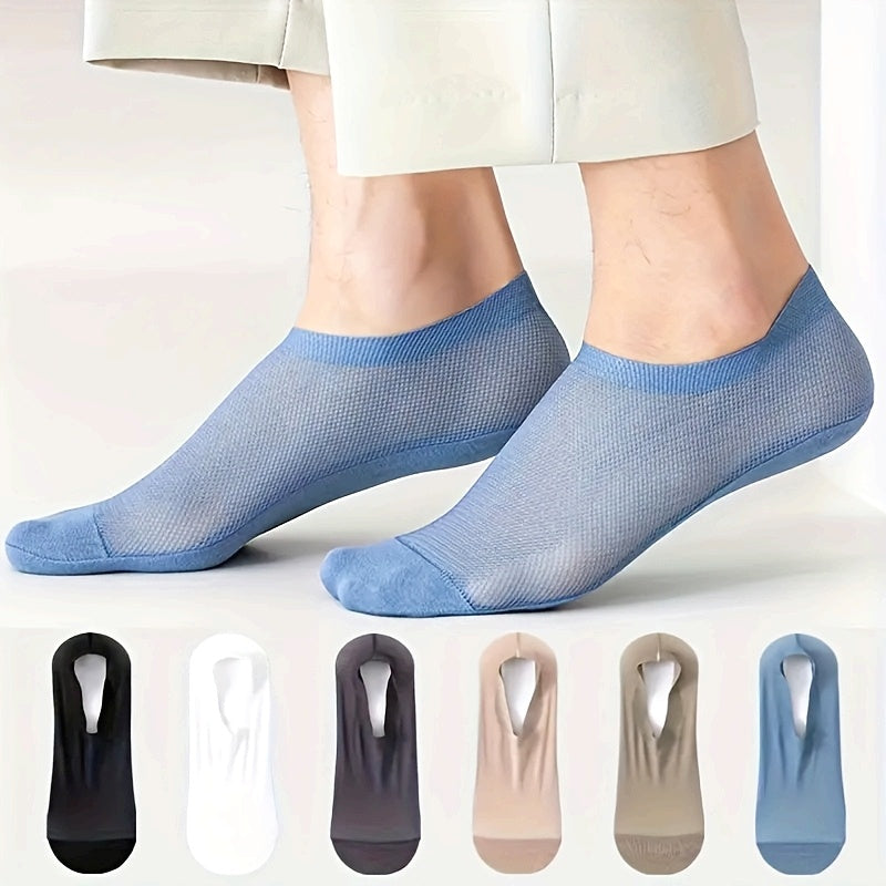 [Soft No-Show Socks] 6 Pairs Men's Soft Breathable No-Show Socks | Hollow Mesh, Skin-Friendly, Non-Slip Towel Bottom, Solid Color, Nylon 70% Spandex 30%, Machine Washable