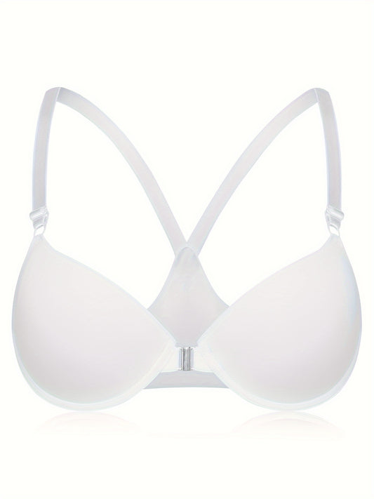 [Comfy Push Up Bra] Simple Solid T-Shirt Bra, Comfy & Breathable Front Buckle Push Up Bra, Women's Lingerie & Underwear