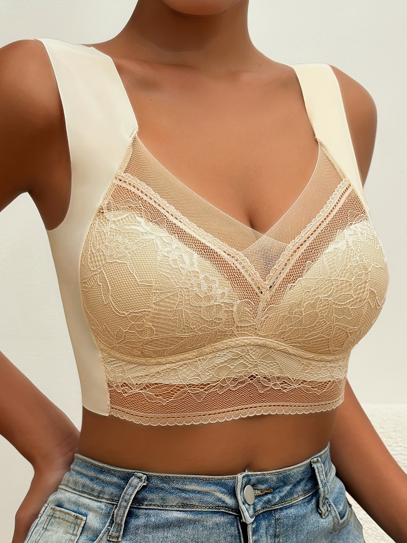 [Wireless Bralette] QVR Seamless Lace Bralette - Wireless, Full Coverage, Push-Up, Comfortable Nylon Blend, Non-See-Through - Elegant Brown, Casual Lingerie|Floral Lace Design