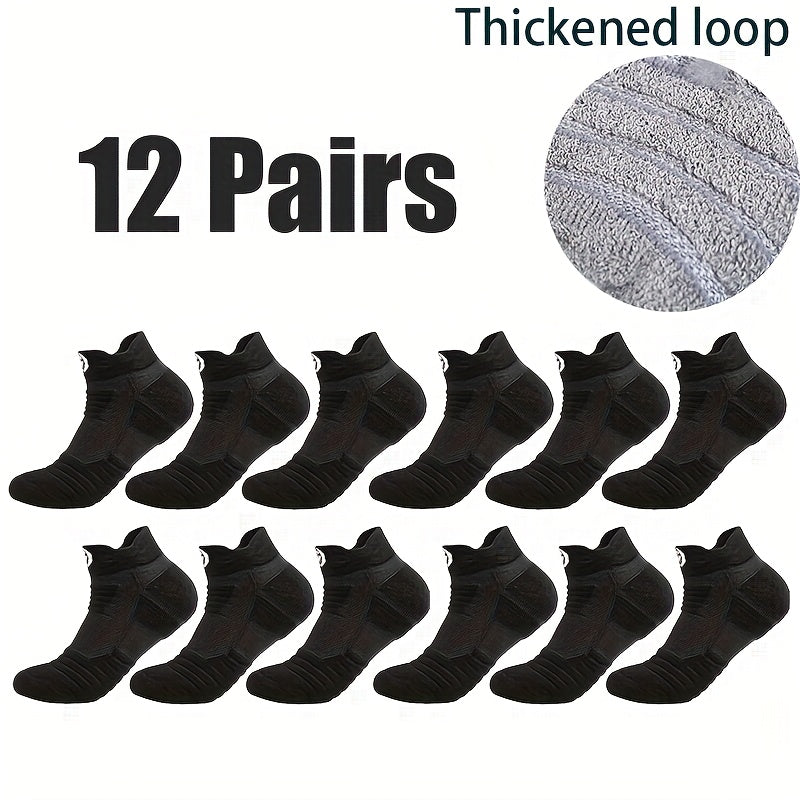 [Soft Athletic Socks] 6/12 Pairs Soft Breathable Men's Athletic Socks | Geometric Pattern, Low-Cut Design for Basketball & Football, Comfortable Polyester Blend, Black & White Options, Sports Socks, Sporty Style, Durable Knit