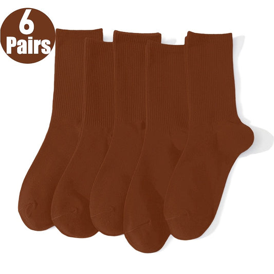 [Breathable Socks] 6 Pairs NCDATE Breathable Mid-Calf Socks | Sweat Absorbent, Seamless Design, Machine Washable, Unisex Athletic Casual Socks, Coffee Brown, Versatile for Casual Attire, Comfortable Knit