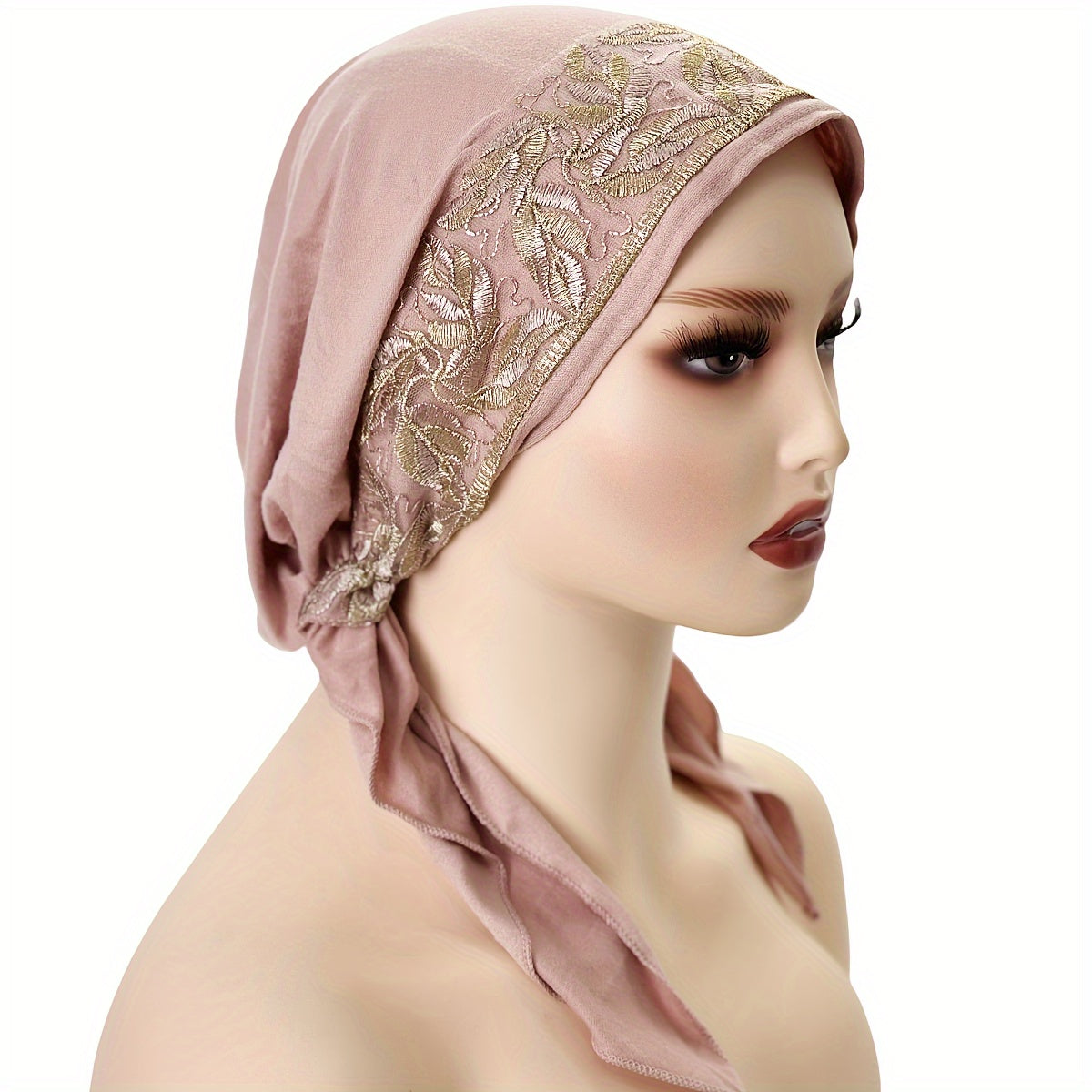 Women's Elastic Embroidered Turban Hat - Lightweight Polyester Knit Cap, Black Pullover Design for New Year Occasion | Easy Hand Wash | Elastic Band Fit