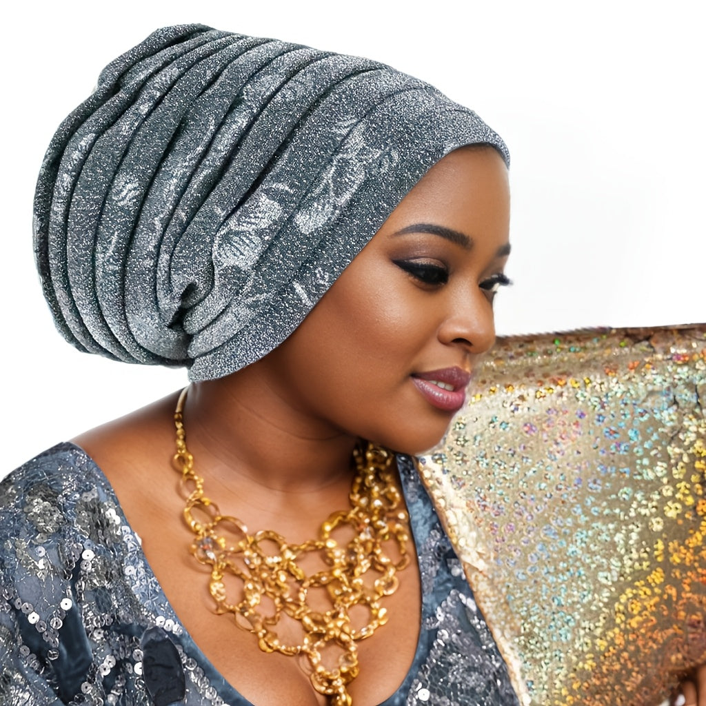 [Luxurious Headwrap] Luxurious Golden Green Turban-Style Headwrap | Women's Nigerian Wedding Headpiece with Elastic Breathable Fabric, Hand Washable, Traditional African Muslim Veil for Bridal & Festive Occasions