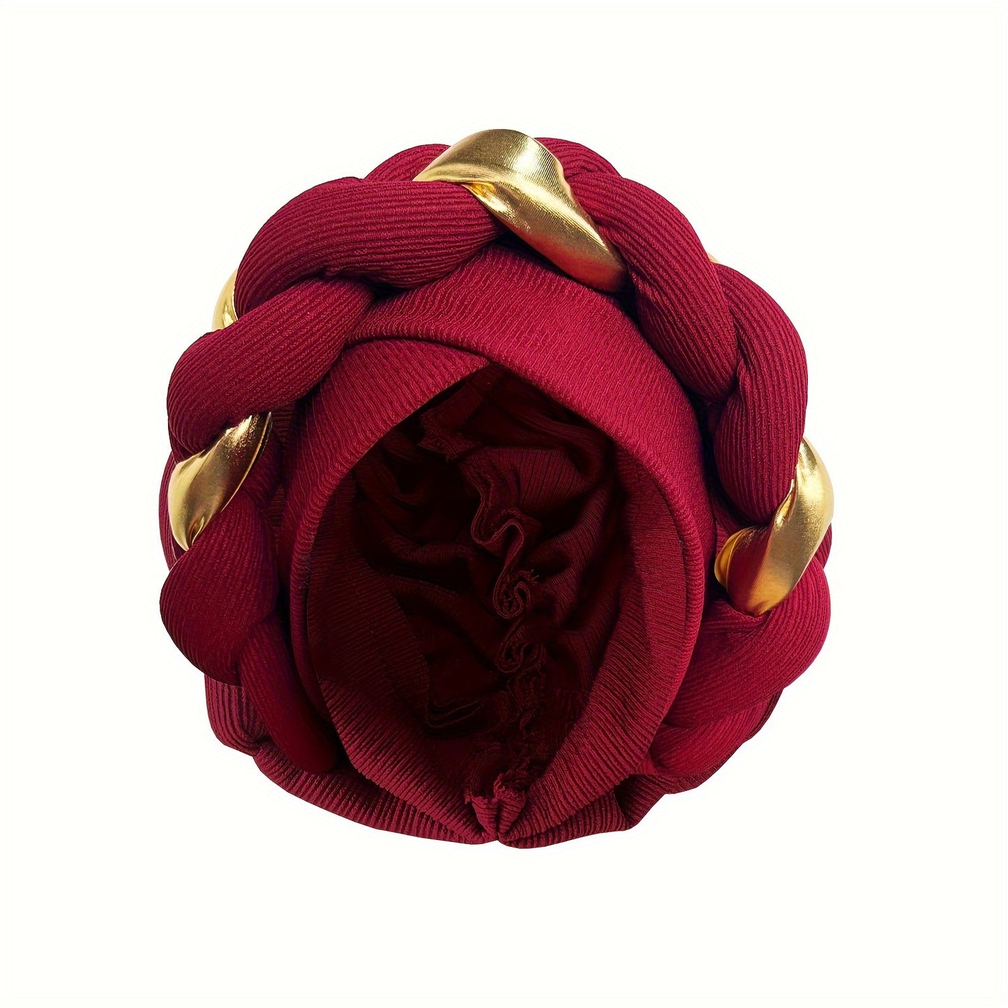 [Lightweight Design] Elegant Pre-Tied Boho Turban Cap with Golden Accents - Lightweight, Stretchy Polyester Head Wrap | Vibrant Colors & Braided Design | Hand-Washable Women's Headscarf Hat, Fashion Headwear|Golden Accent Headwear|Stretchy Headwrap