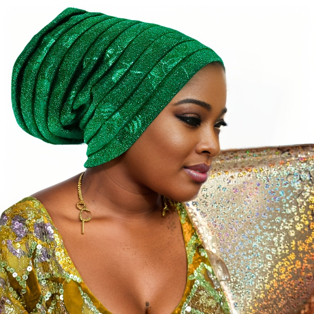 [Luxurious Headwrap] Luxurious Golden Green Turban-Style Headwrap | Women's Nigerian Wedding Headpiece with Elastic Breathable Fabric, Hand Washable, Traditional African Muslim Veil for Bridal & Festive Occasions