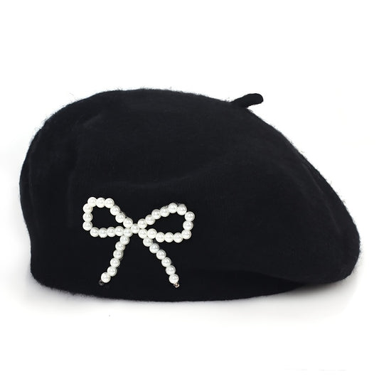 [Chic Wool Beret] Soft Women's Wool Beret Hat | 1pc with Embellished Bow - Breathable Casual Chic Cap for Daily Wear, Multiple Colors Available, Handwashable Fabric