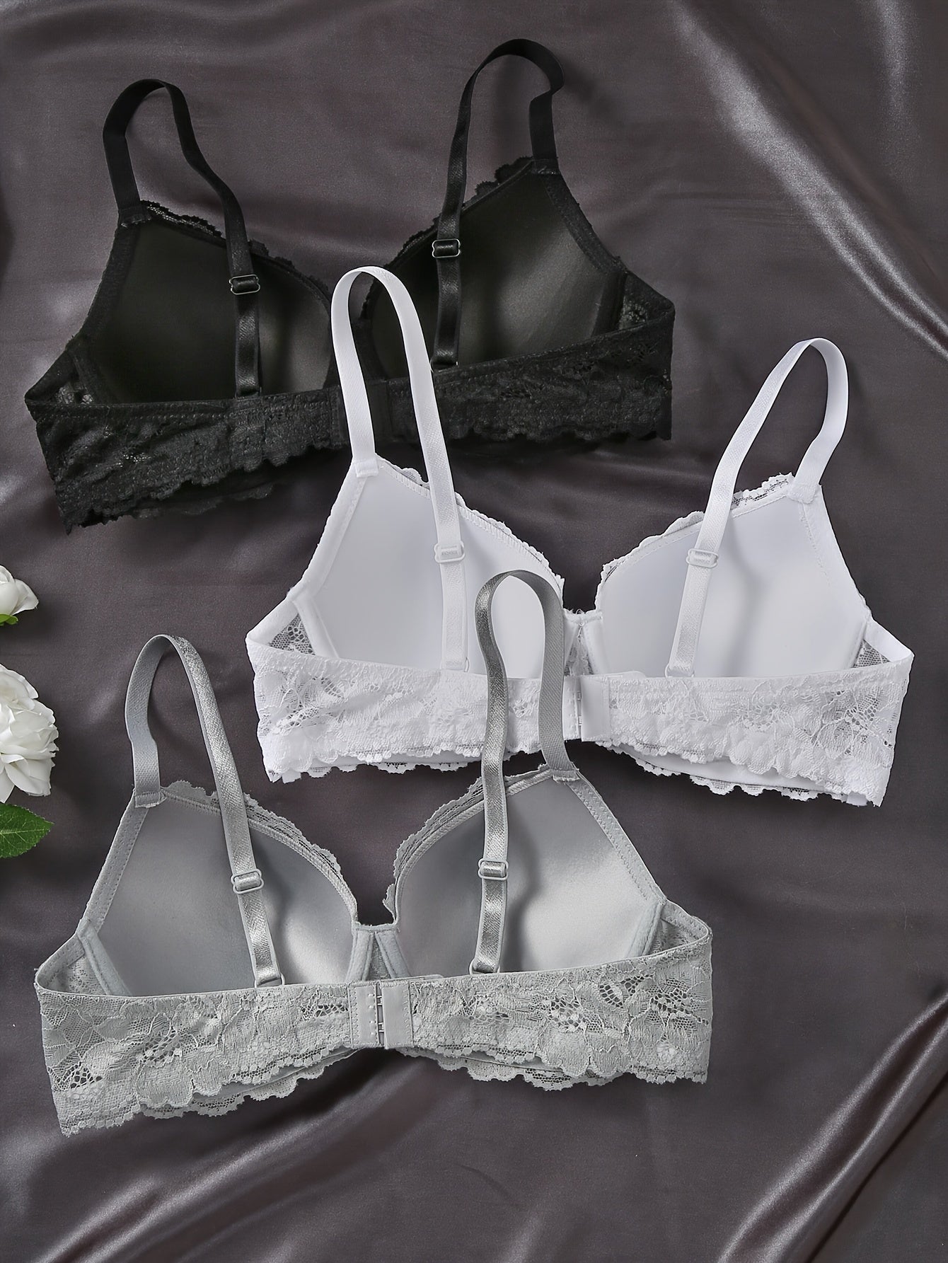 [Elegant Lace Push-Up Bras] 3pcs Elegant Lace Push-Up Bras for Women | Underwire Support, Comfortable & Breathable, Full Coverage T-Shirt Bras in Black, White, & Gray, Non-Removable Pads, Hand Washable, Polyamide Blend