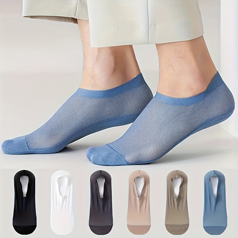 [Soft No-Show Socks] 6 Pairs Men's Soft Breathable No-Show Socks | Hollow Mesh, Skin-Friendly, Non-Slip Towel Bottom, Solid Color, Nylon 70% Spandex 30%, Machine Washable