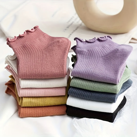 10 Pairs Comfortable Cute Ankle Socks - Women's Lettuce Trim, Solid Color Knit Polyester Blend Fabric (95% Polyester, 5% Elastane), Machine Washable - 296 gsm