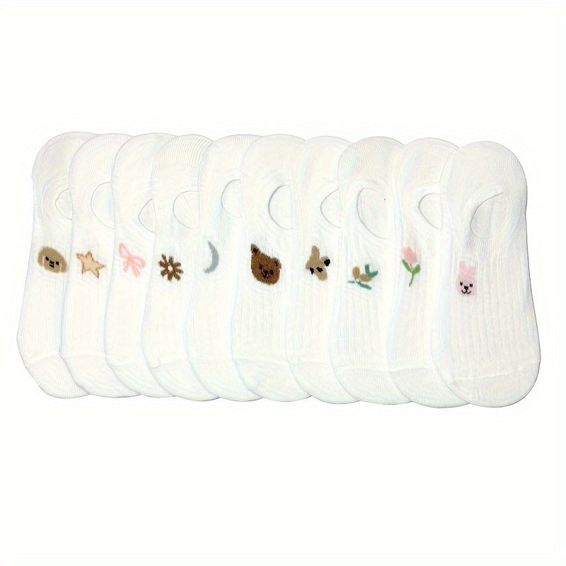 10 Pairs Women's Ankle Socks - Cute Animal Embroidery Designs (Bears, Rabbits, Deer) - Soft Breathable Fabric - White with Pastel Accents - Casual & Formal Wear - Hand Wash/Dry Clean, Cute Socks, Comfortable Footwear, Playful Sock Designs, Embroidered Det