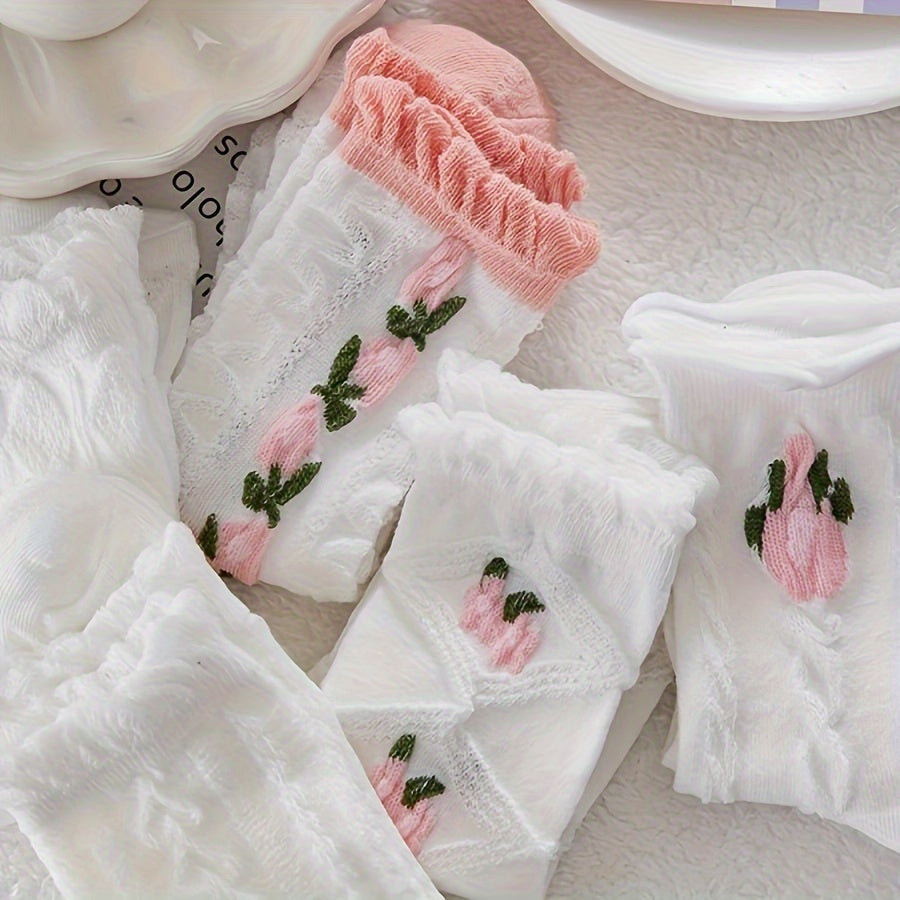 [Cute Ruffle Socks] 5 Pairs Cute Floral Textured Ruffle Socks | Women's Mid Tube Socks, Stockings & Hosiery