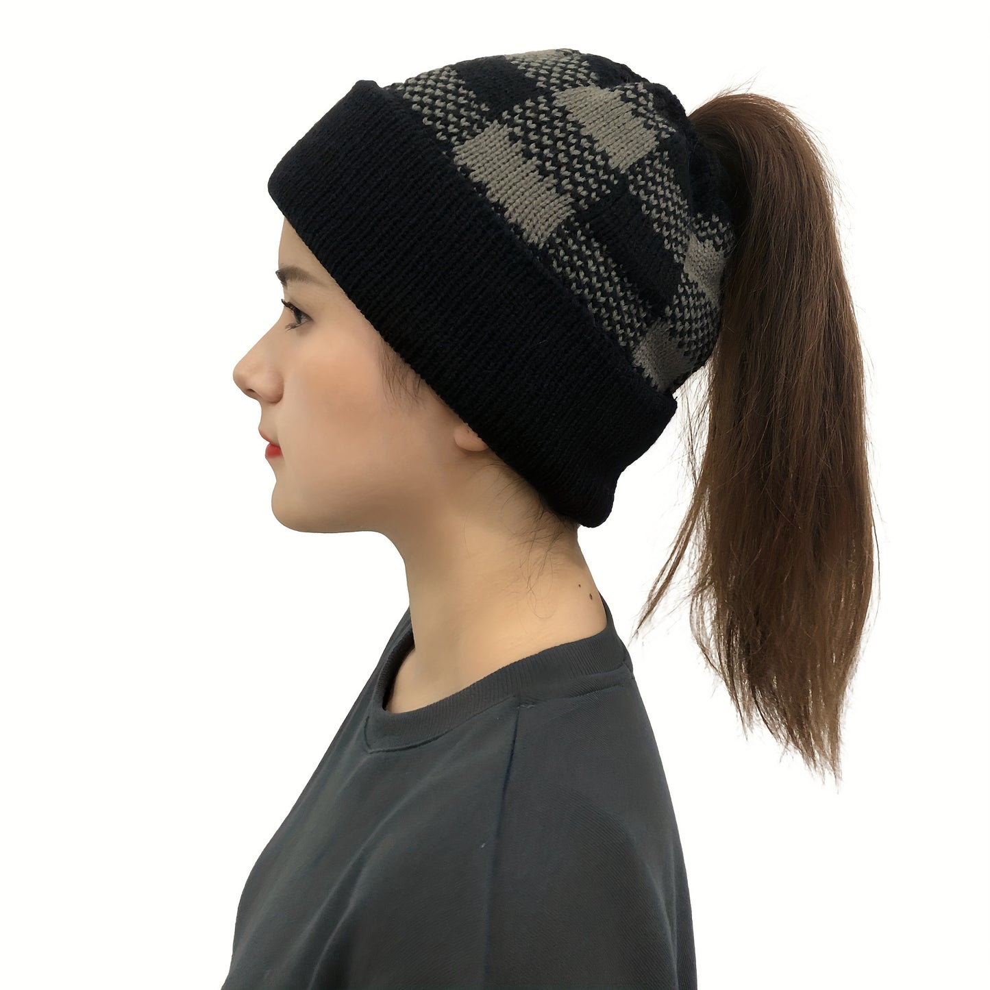 1/2/5pcs Ponytail Hats, Solid Color Versatile Beanies, Winter Thick Warm Elastic Caps for Women