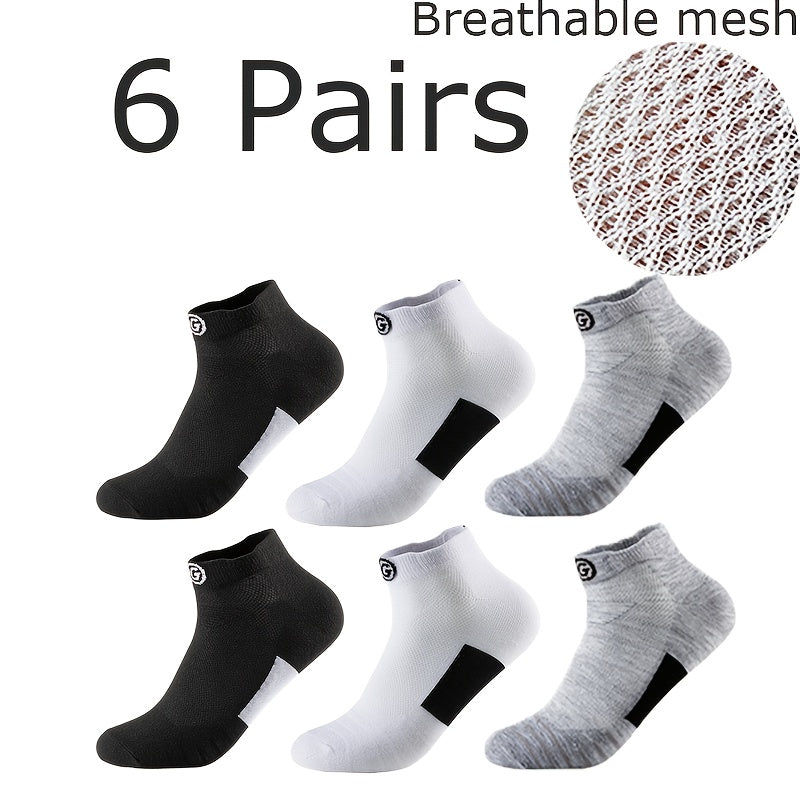 [Soft Athletic Socks] 6/12 Pairs Soft Breathable Men's Athletic Socks | Geometric Pattern, Low-Cut Design for Basketball & Football, Comfortable Polyester Blend, Black & White Options, Sports Socks, Sporty Style, Durable Knit