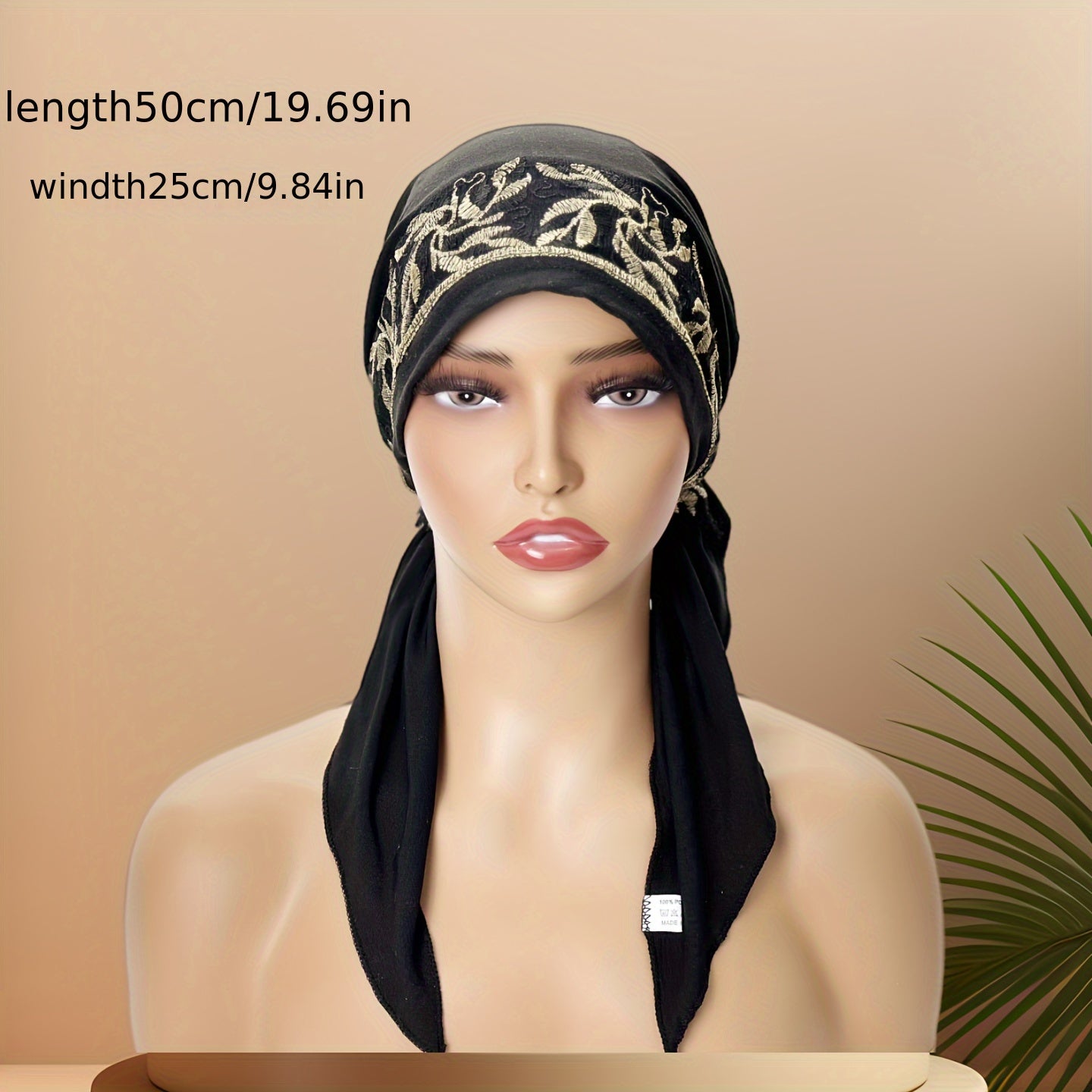 Women's Elastic Embroidered Turban Hat - Lightweight Polyester Knit Cap, Black Pullover Design for New Year Occasion | Easy Hand Wash | Elastic Band Fit