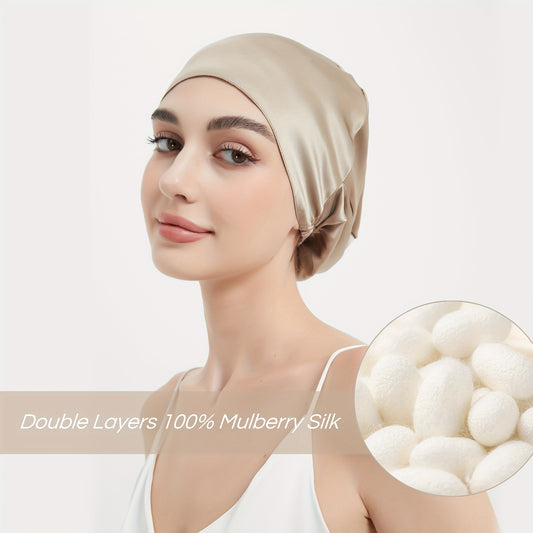 [Silk Sleep Cap] RACHELSILK 100% Mulberry Silk Double Layer Sleep Cap | Adjustable Elastic Band, Smooth & Soft Hair Protection Night Hat for Women, Beige, Easy Slip-On Design, Reduces Frizz & Split Ends