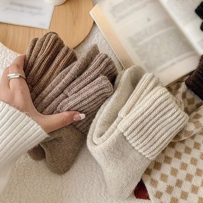 [Thermal Socks] 5-Pack Heavyweight Thermal Women's Crew Socks | 300gsm Polyester-Spandex Blend, Soft Terry Cloth Texture, Solid Colors, Ribbed Cuffs for Warmth & Durability, Winter Warmth, Hand Wash/Dry Clean