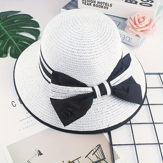 1pc Women'S Wide Brim Straw Sun Hat with Black Bow - Breathable Polyester, Elegant Striped Design, Perfect for Beach, Casual Outings & Sunny Days | Stylish Outdoor Accessory | Lightweight & Non-Feathere
