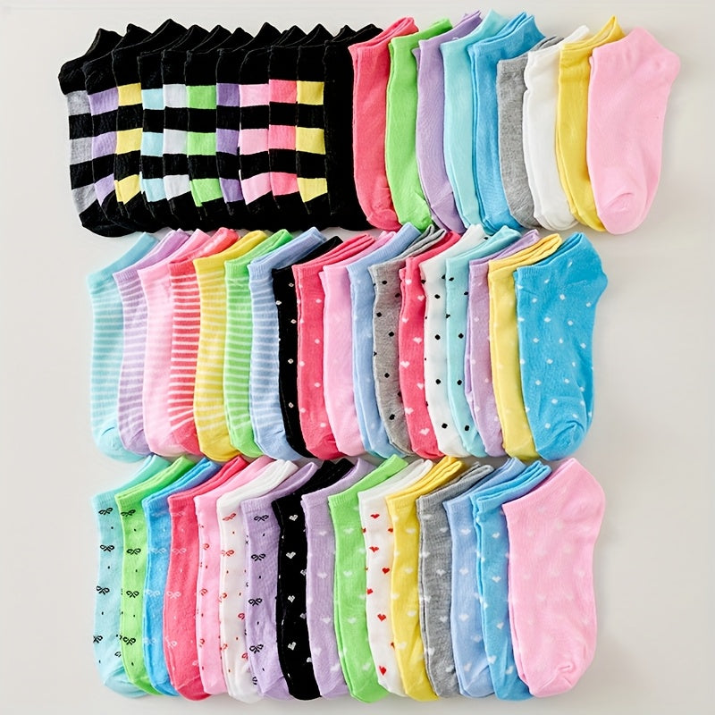 10/20 Pairs Women’s Candy-Colored Ankle Socks - Pink, Green, Yellow, Blue, Purple, Rainbow Gradient - Soft, Breathable, and Comfortable Low-Cut Design with Fun Patterns (Hearts, Stripes, Polka Dots), Cute Socks