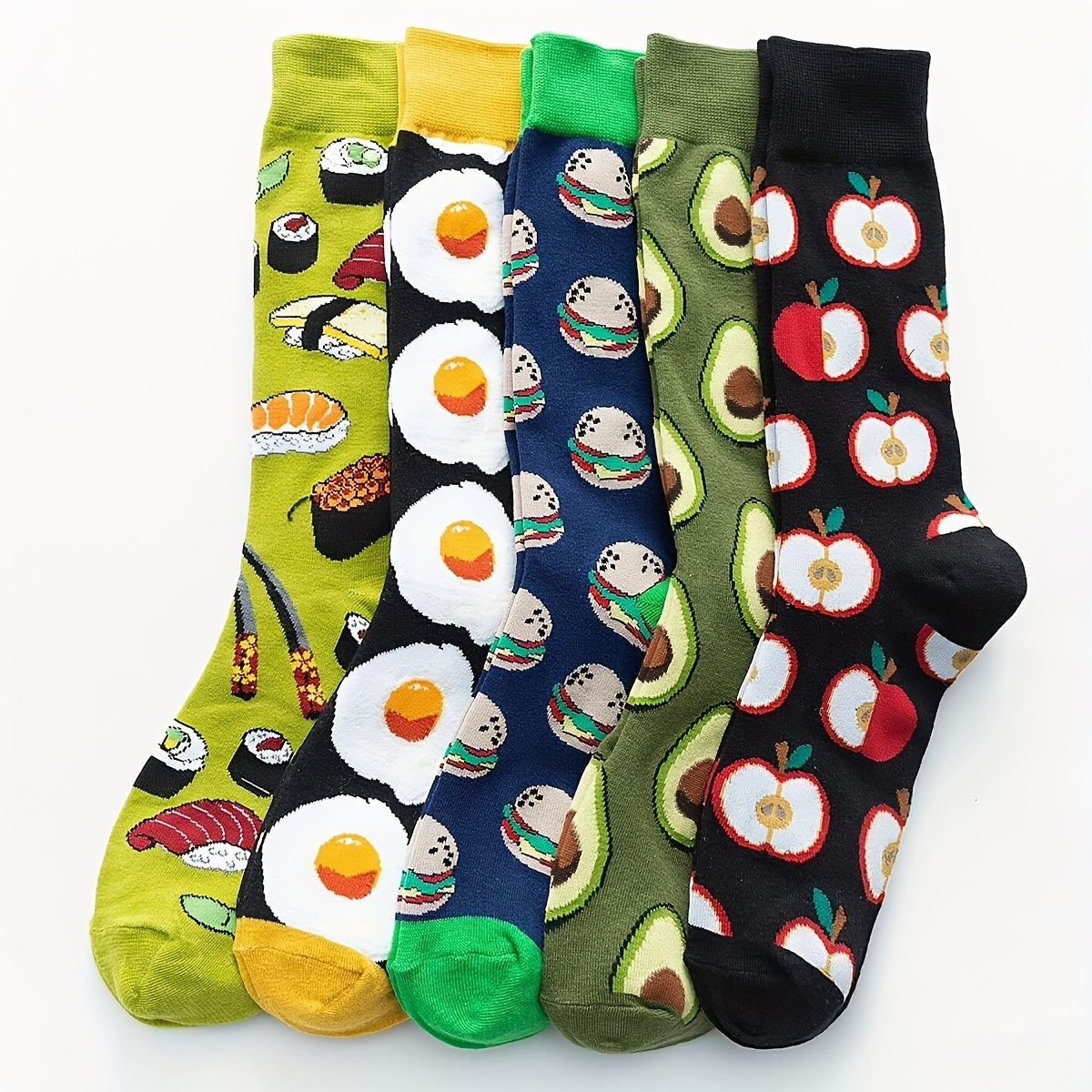 [Cute Food Socks] 5-Pair Women's Short Socks | Food-Themed Patterns with Colorful Toe Caps - Breathable Machine-Washable Casual Crew Socks for Daily Wear & Fashion