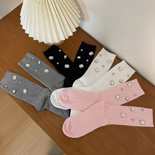 [Diamond Embellished] Sparkling Diamond-Embellished Calf Socks | 1 Pair | Nylon/Polyester Blend | Ribbed Texture | Dates & Parties | Black, White, Gray, Pink | Cozy & Stylish