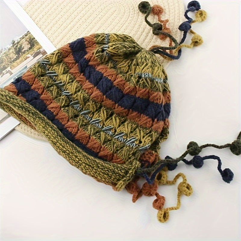 [Hand-Crocheted Women's Hat] Hand-Crocheted Women's Colorful Hat with Ear Protection & Tassel Details | Thick Warm Dopamine Design for Autumn Winter, Christmas Valentine's Easter New Year Gifts, Festive Accessory, Bohemian Style, Soft Texture, Holiday Gif