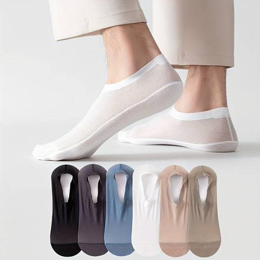 [Soft No-Show Socks] 6 Pairs Men's Soft Breathable No-Show Socks | Hollow Mesh, Skin-Friendly, Non-Slip Towel Bottom, Solid Color, Nylon 70% Spandex 30%, Machine Washable