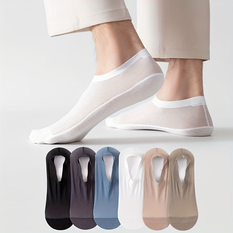 [Soft No-Show Socks] 6 Pairs Men's Soft Breathable No-Show Socks | Hollow Mesh, Skin-Friendly, Non-Slip Towel Bottom, Solid Color, Nylon 70% Spandex 30%, Machine Washable