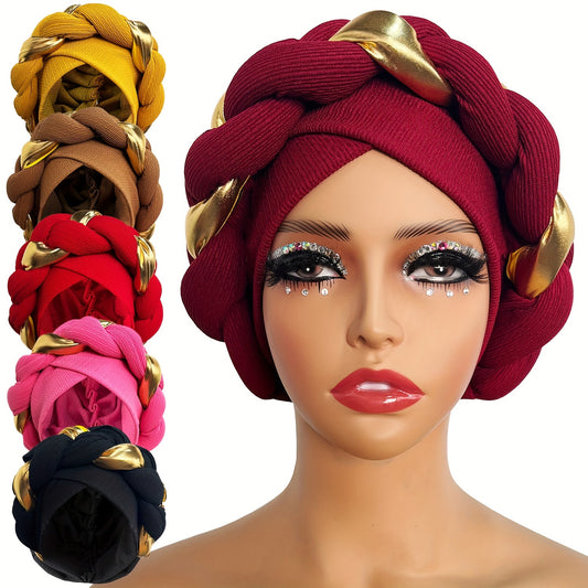 [Lightweight Design] Elegant Pre-Tied Boho Turban Cap with Golden Accents - Lightweight, Stretchy Polyester Head Wrap | Vibrant Colors & Braided Design | Hand-Washable Women's Headscarf Hat, Fashion Headwear|Golden Accent Headwear|Stretchy Headwrap