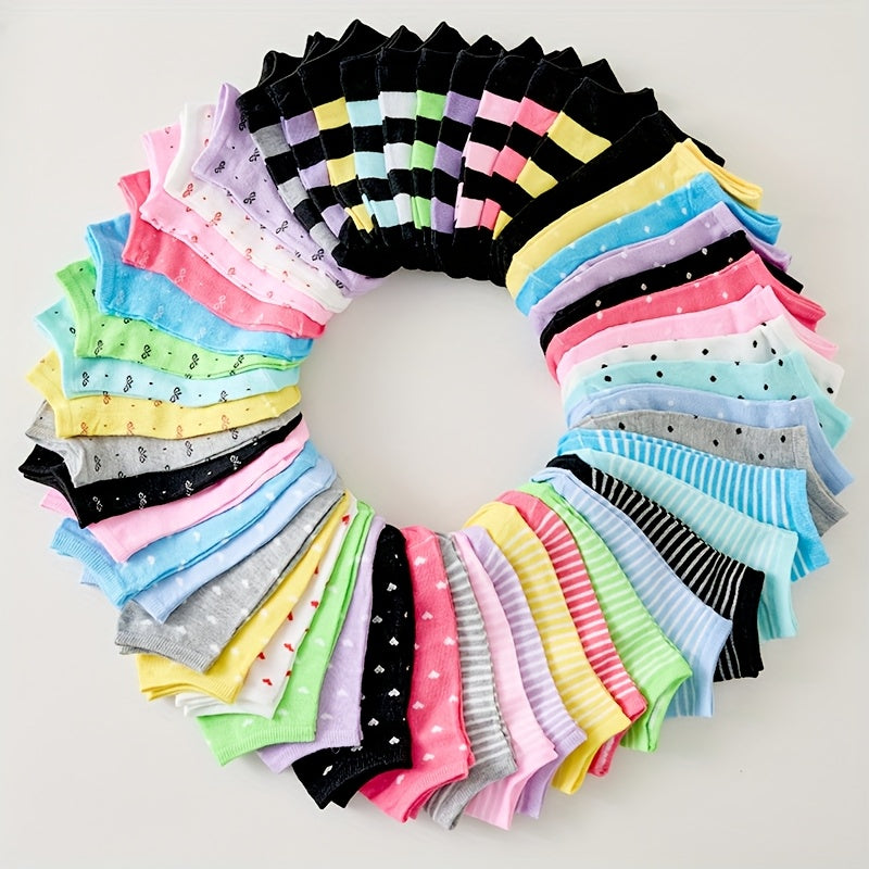 10/20 Pairs Women’s Candy-Colored Ankle Socks - Pink, Green, Yellow, Blue, Purple, Rainbow Gradient - Soft, Breathable, and Comfortable Low-Cut Design with Fun Patterns (Hearts, Stripes, Polka Dots), Cute Socks