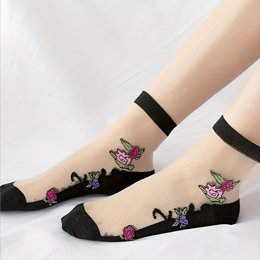 [Breathable Floral Socks] 5 Pairs Women's Floral Mid-Calf Socks - Breathable Polyester & Spandex Blend, Knit Fabric, 280g/m² - Summer Fashion, Mixed Colors, Hand Wash/Dry Clean