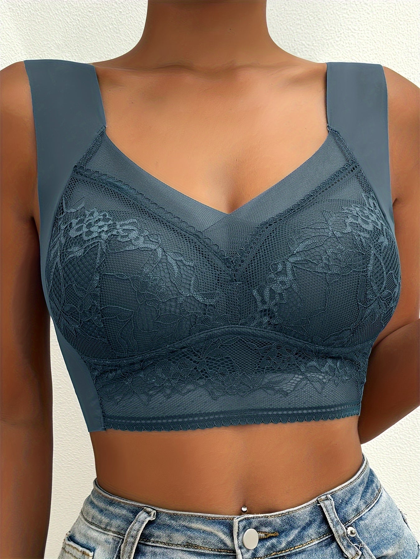 [Wireless Bralette] QVR Seamless Lace Bralette - Wireless, Full Coverage, Push-Up, Comfortable Nylon Blend, Non-See-Through - Elegant Brown, Casual Lingerie|Floral Lace Design