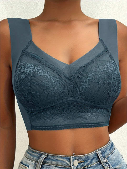 [Wireless Bralette] QVR Seamless Lace Bralette - Wireless, Full Coverage, Push-Up, Comfortable Nylon Blend, Non-See-Through - Elegant Brown, Casual Lingerie|Floral Lace Design