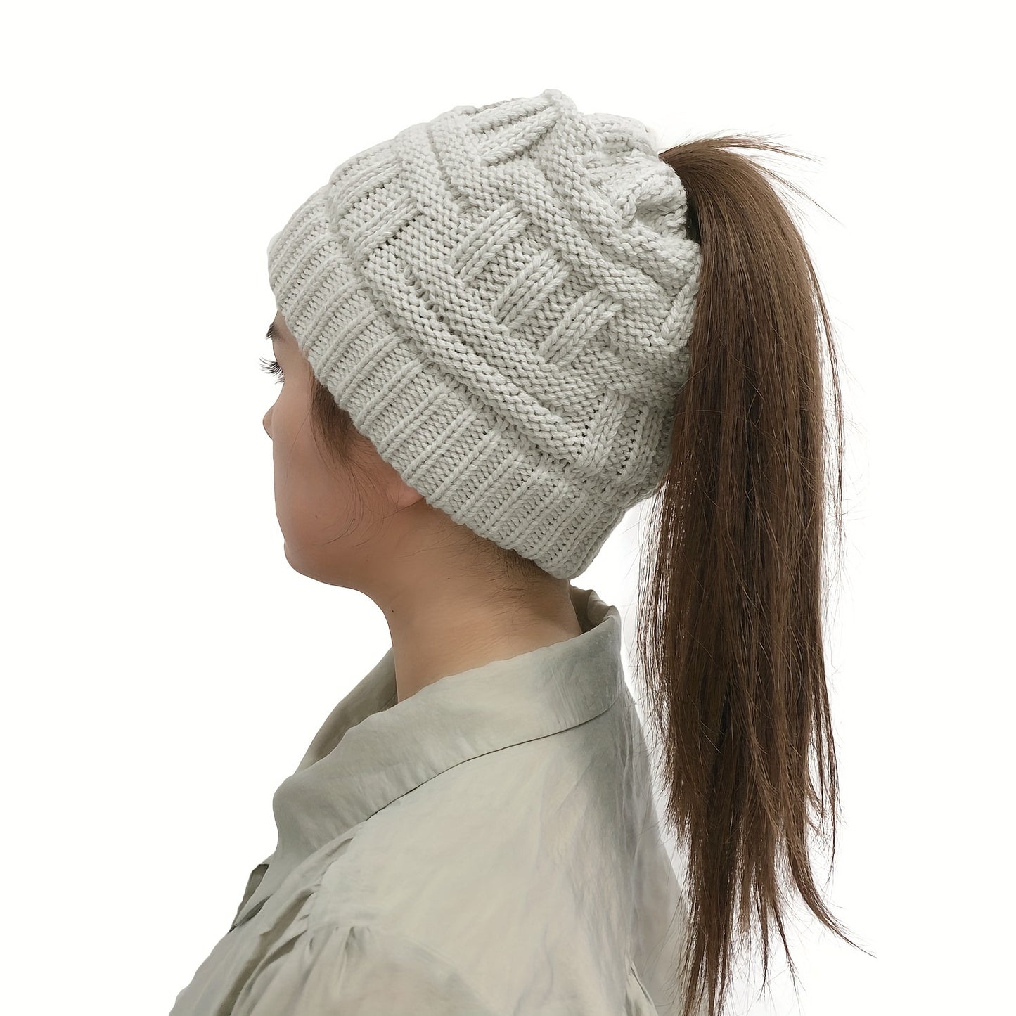 1/2/5pcs Ponytail Hats, Solid Color Versatile Beanies, Winter Thick Warm Elastic Caps for Women