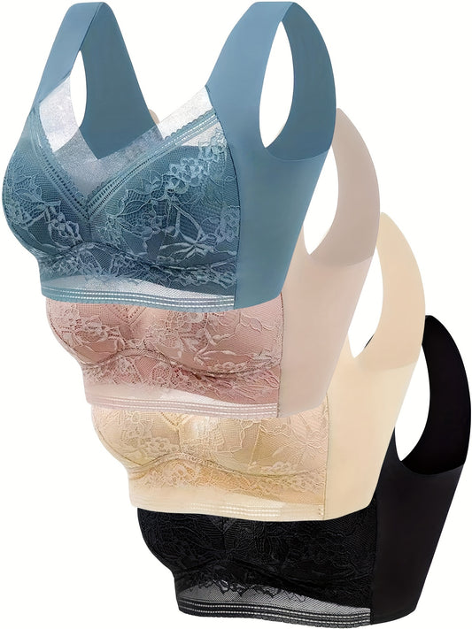 [Comfy | Breathable] 4pcs Comfy & Breathable Simple Solid Contrast Lace Wireless Bra, Women's Lingerie & Underwear