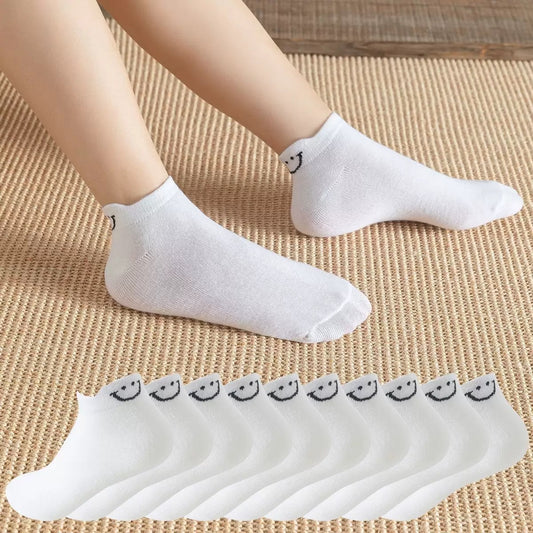 10 Pairs Women'S Cartoon Face Smile Short Socks, Comfortable Breathable Polyester Knit Fabric, Solid Color, 95% Polyester 5% Elastane, 280g/m², Machine Washable